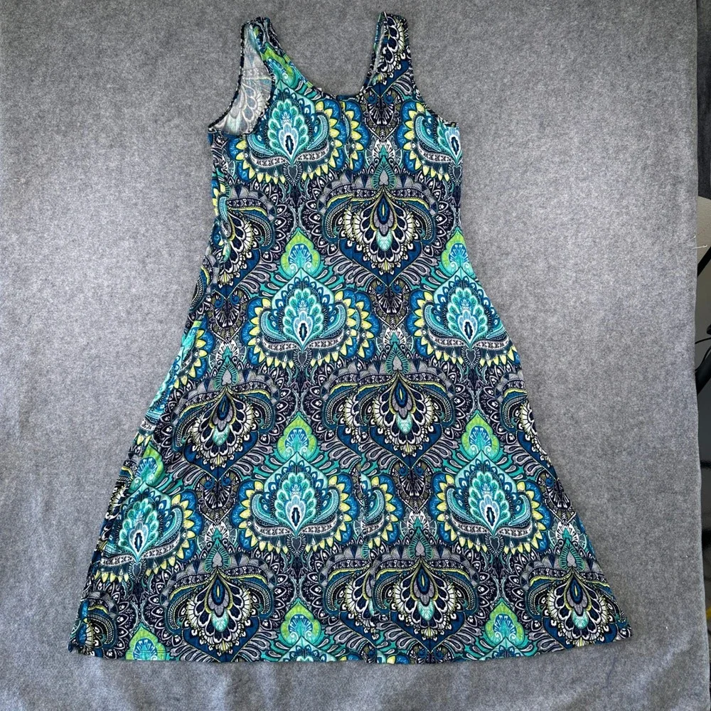 New York & Company Womens High Low Tank Dress M Blue Paisley Stretch Jersey